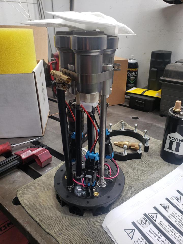 Triple-pump in-tank fuel hanger assembled and wired on the bench