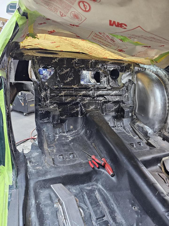 Rear seat area and transmission tunnel with sound deadener and new metal